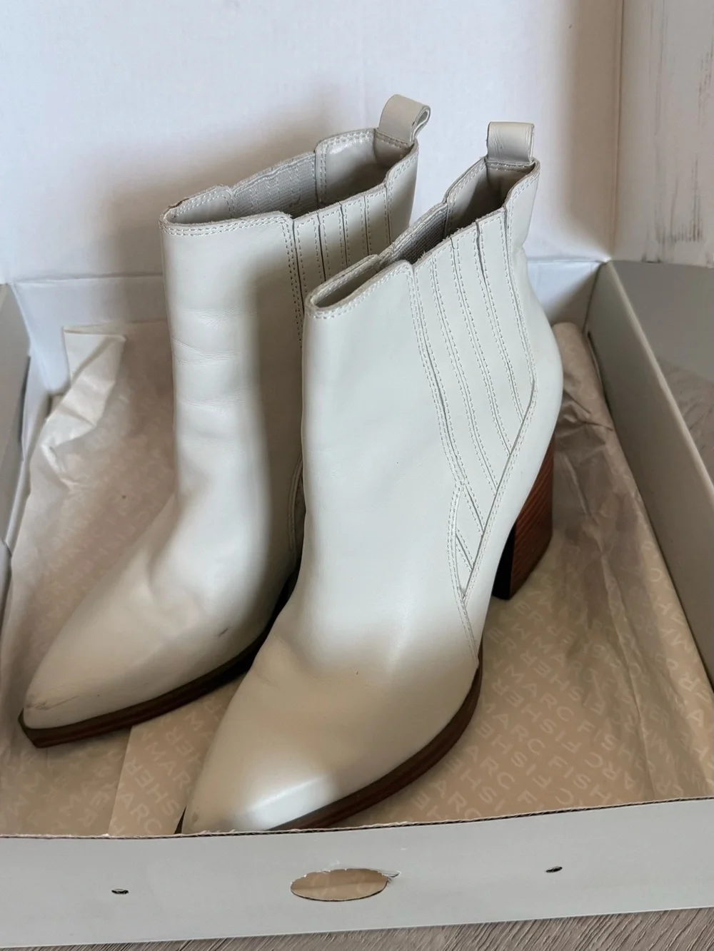 Marc Fisher Cream Leather Ankle Booties with Wood Block Heel